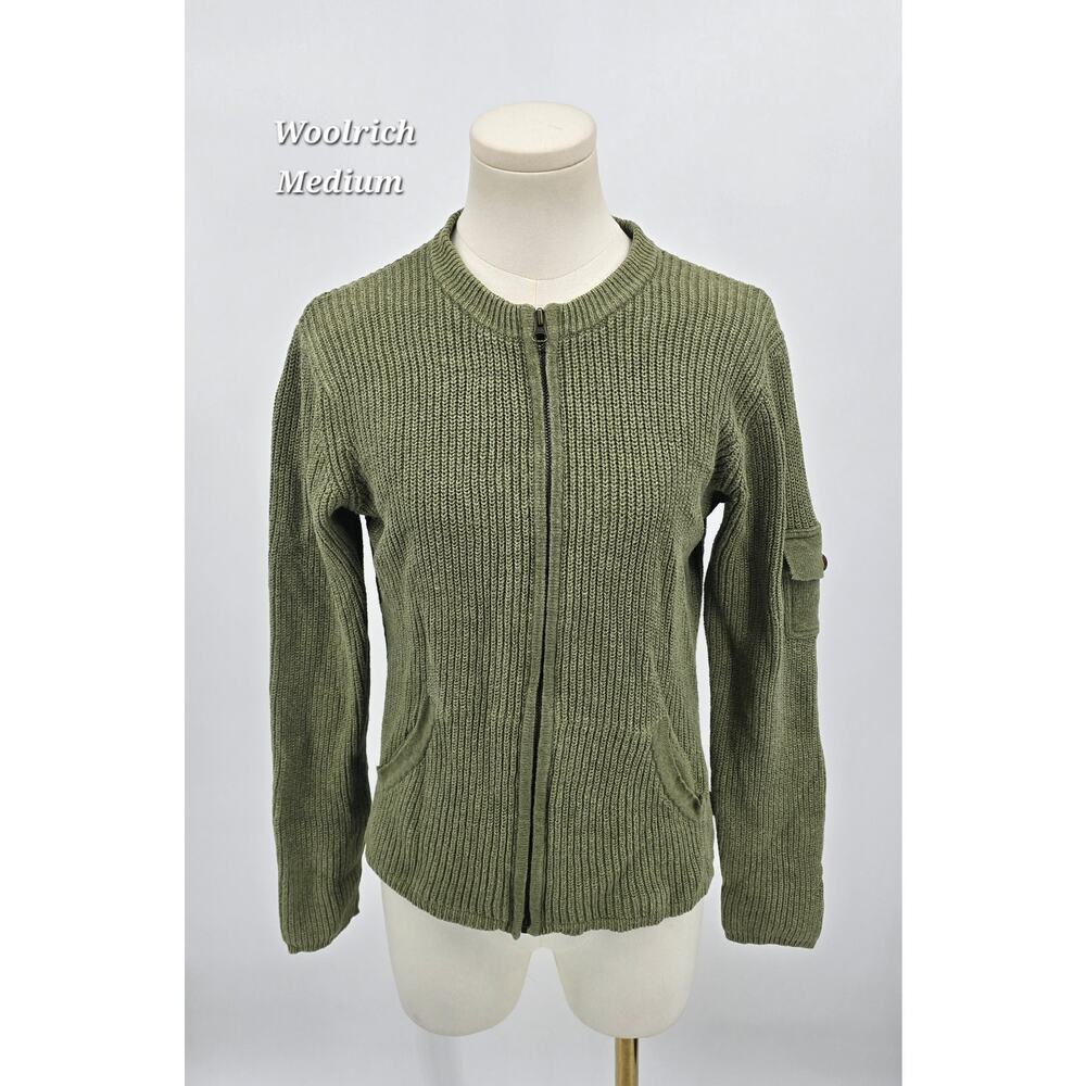Woolrich Willow Utility Zip Cardigan – Y2K Olive Green Rib Knit - Medium